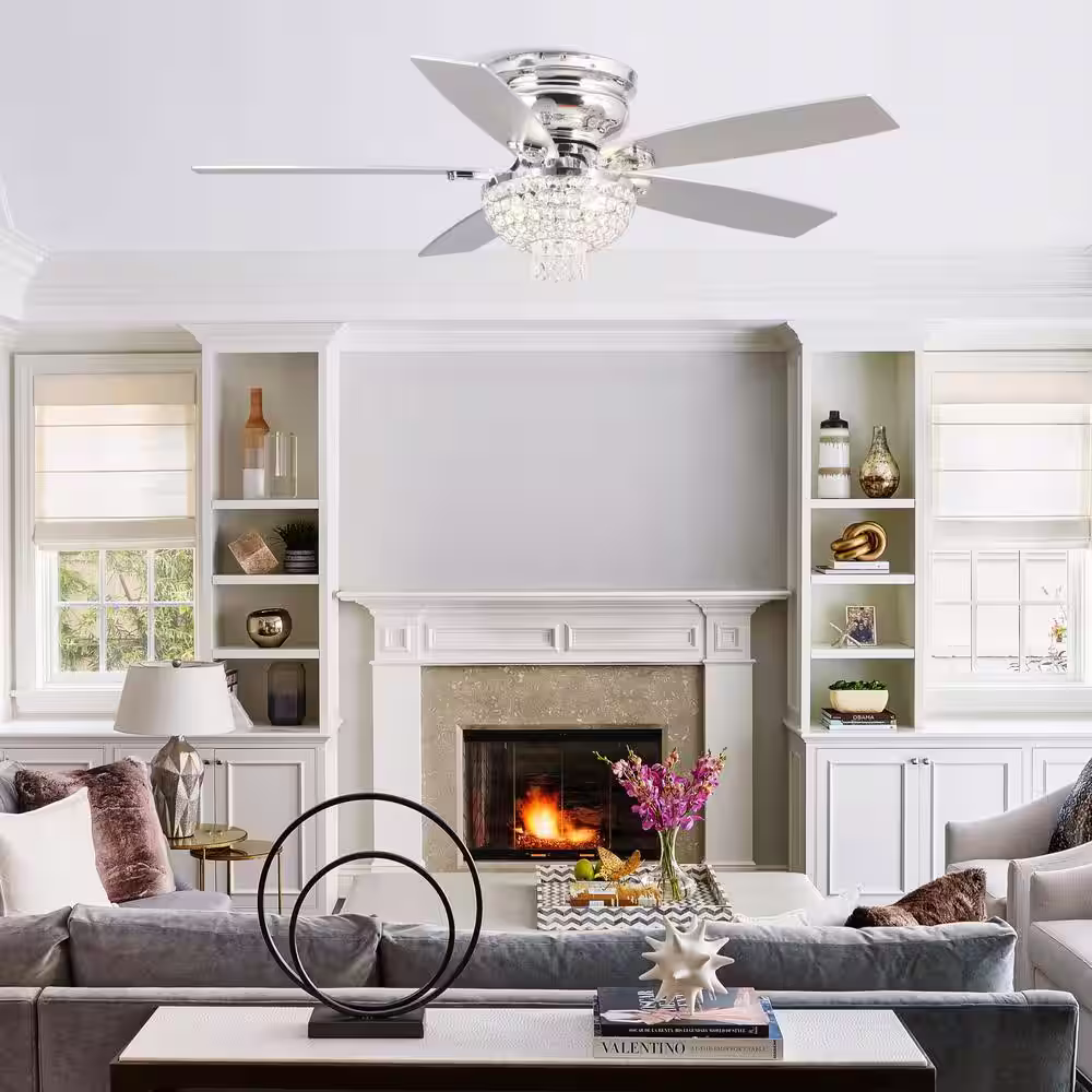 Parrot Uncle 52 in. Indoor Chrome Crystal Flush Mount Ceiling Fan with Remote Control and Light Kit