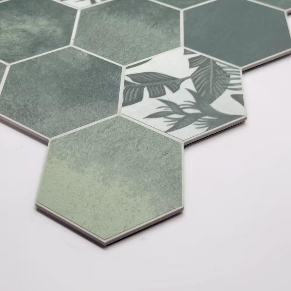None Hexagon 12.5 in. X 12.2 in. Peel and Stick Backsplash Stone Composite Wall Tile, Cement Green (10 Tiles, 9.00 sq.ft.)