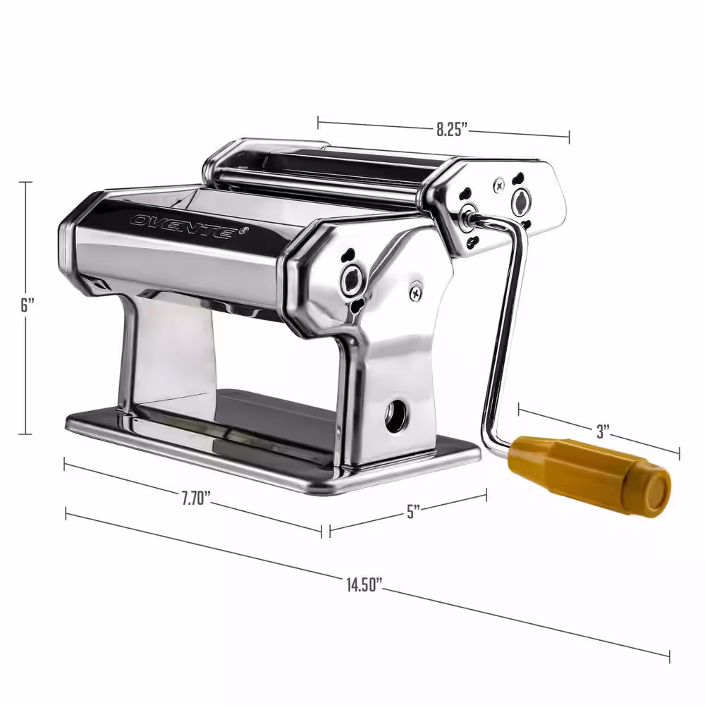 OVENTE 150 mm Silver Stainless Steel Manual Pasta Maker with 7 Thickness Settings and 3 Premium Attachments