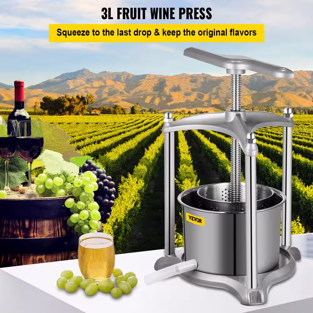 VEVOR Fruit Wine Press 0.8 Gal. Silver Dual Stainless Steel Barrels T-Handle Manual Press Machine for Cider Tincture