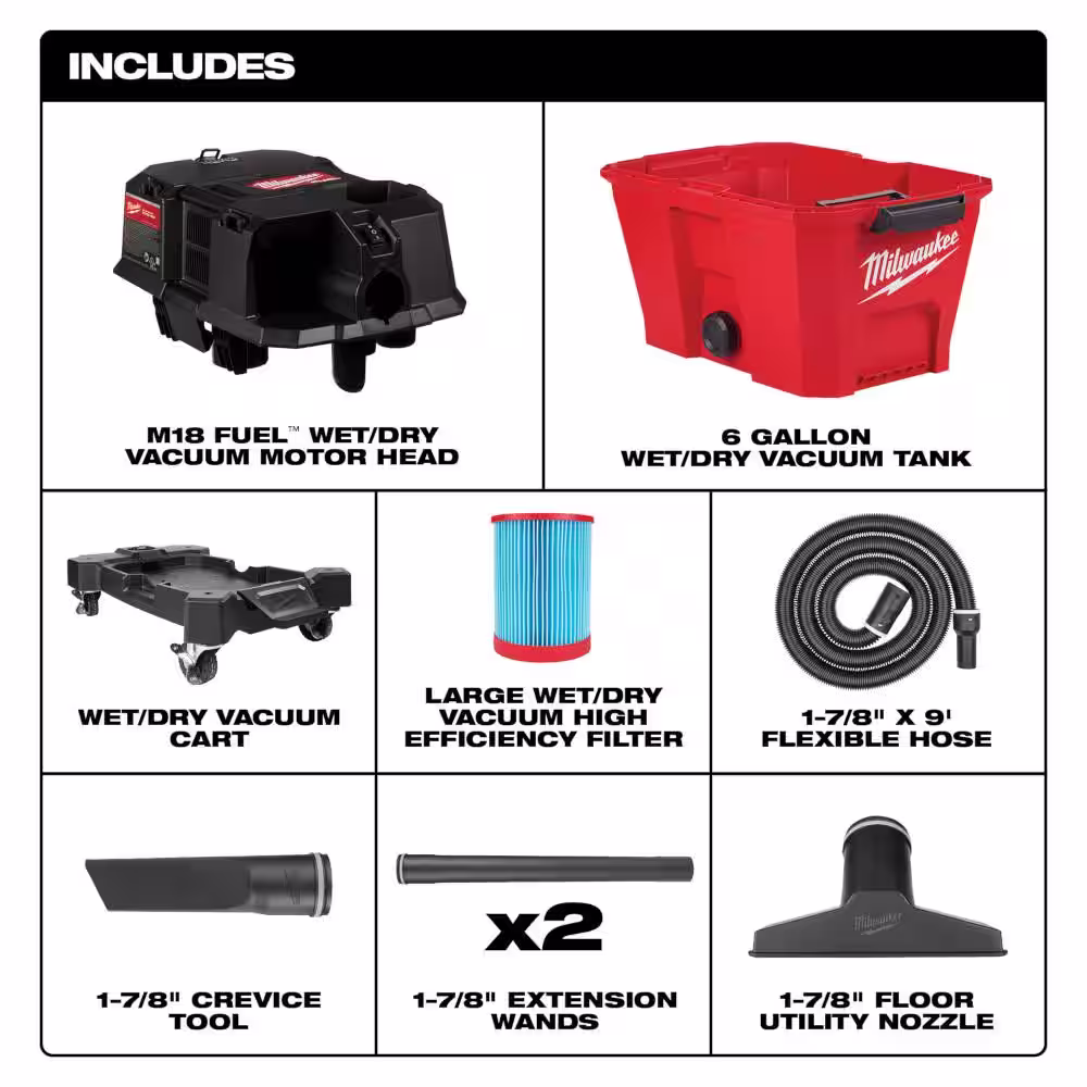 Milwaukee M18 FUEL 6 Gal. Cordless Wet/Dry Shop Vac W/Filter, Hose and AIR-TIP 1-1/4 in. - 2-1/2 in. Dust Collector Attachment
