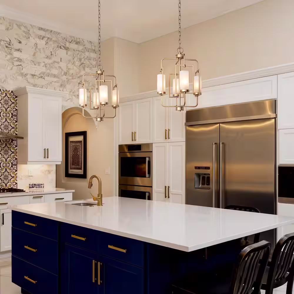 Uolfin Modern Farmhouse Island Chandelier Light, 5-Light Gold Transitional Cage Chandelier with Frosted Glass Shades