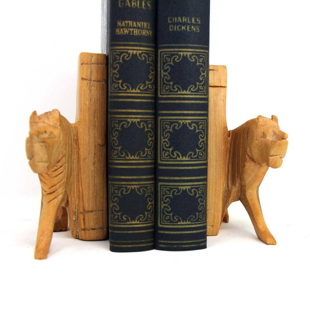 None African Carved Brown Wood Lion 4 in. Book Ends With 1 Shelve