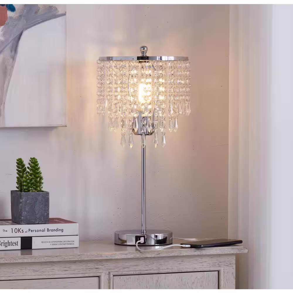 ARTIVA 20 in. Chrome LED Crystal Touch Table Lamp with USB Ports