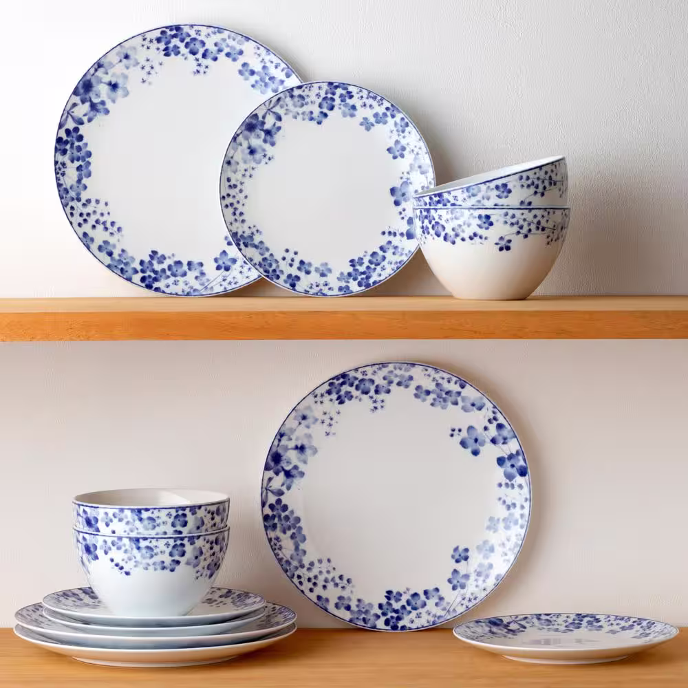 Noritake Bloomington Road White/Blue Porcelain 12-Piece Dinnerware Set (Service for 4)