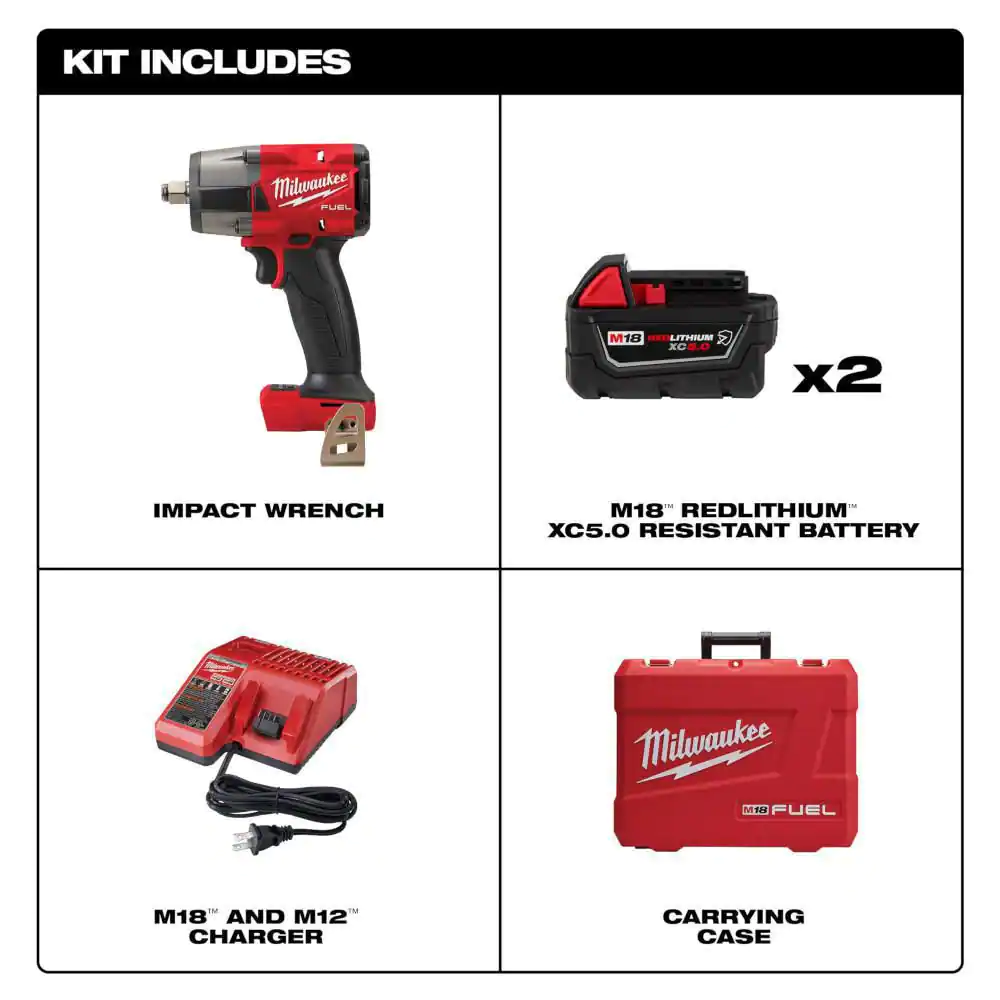 Milwaukee M18 FUEL 18V Lithium-Ion Brushless Cordless 1/2 in. Mid-Torque Impact Wrench with Friction Ring Kit, Resistant Batteries
