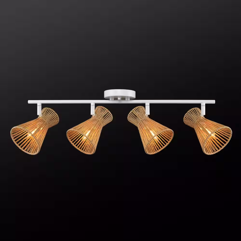 Globe Electric 2.3 ft. Matte White Indoor Hard Wired Track Lighting Kit with Pivoting Natural Twine Shades, Step Heads