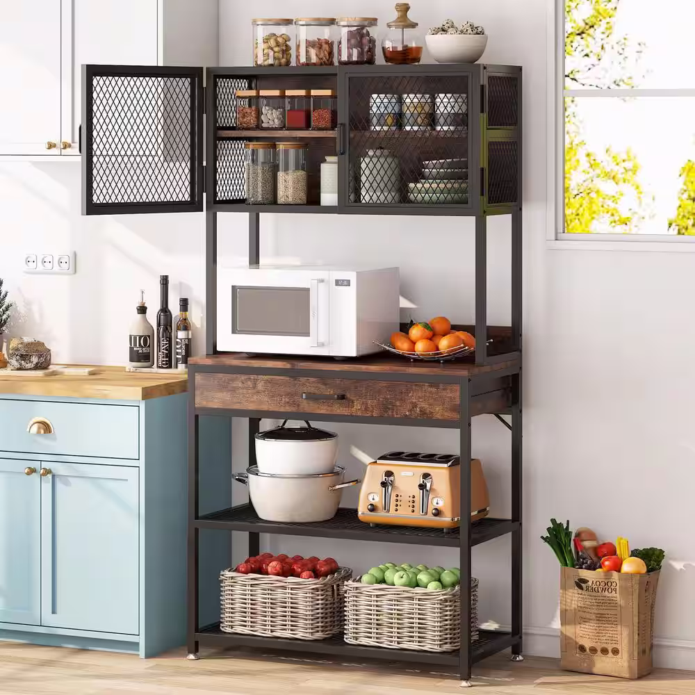 BYBLIGHT Keenyah Brown 6-Tier Kitchen Baker's Racks 1-Drawer and Double Door Cabinet Metal Frame 31.5 in. x 15.7 in. x 66.9 in.