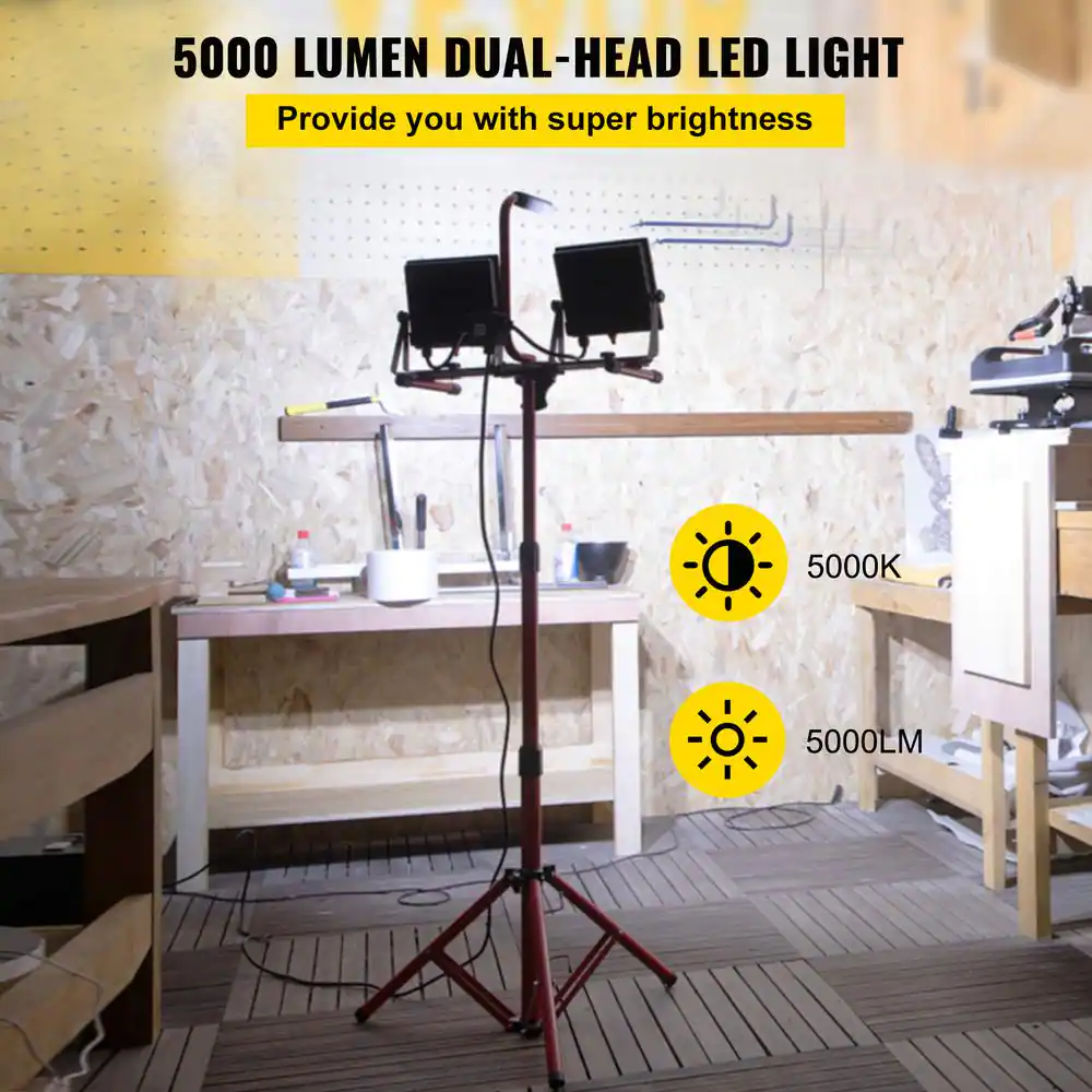 VEVOR Work Light Handheld 5000 Lumen Dual-head LED Jobsite Lighting with Adjustable Foldable Tripod Stand IP65 Waterproofed