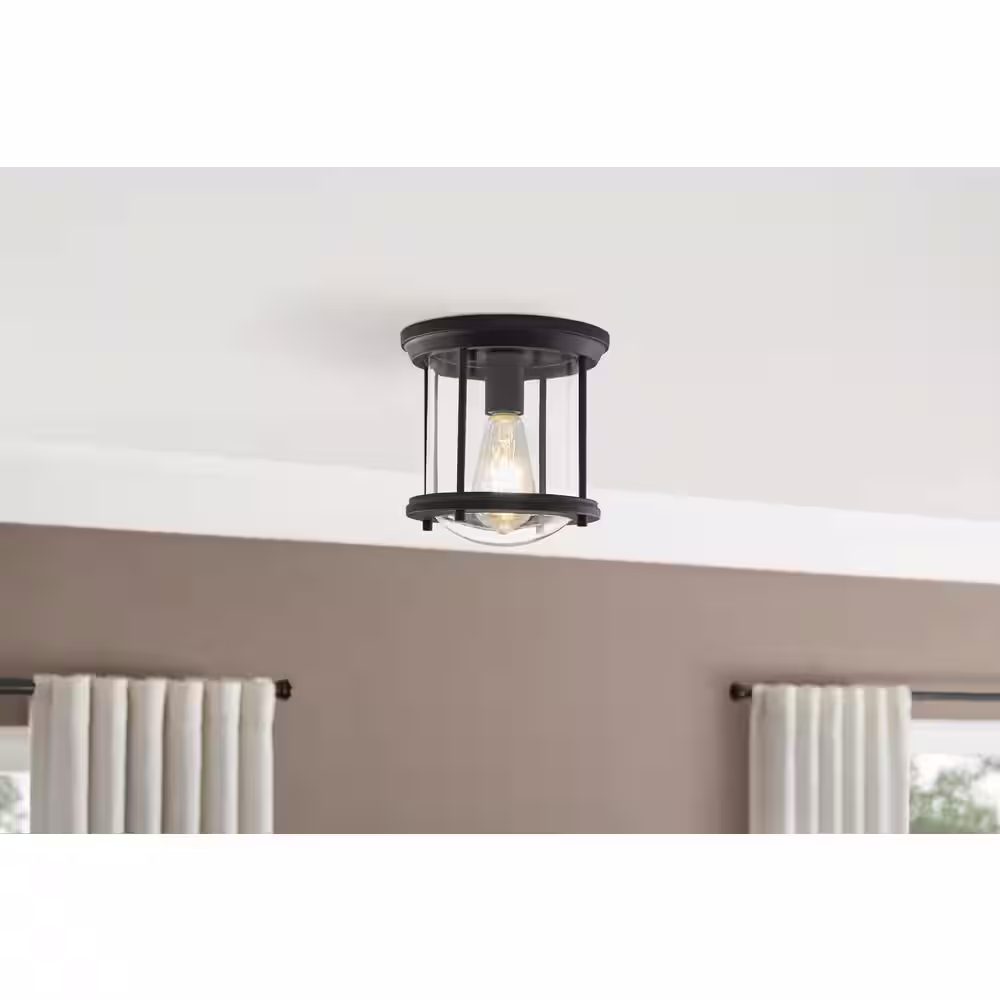 Hampton Bay Melrose Park 8 in. 1-Light Black Metal Flush Mount