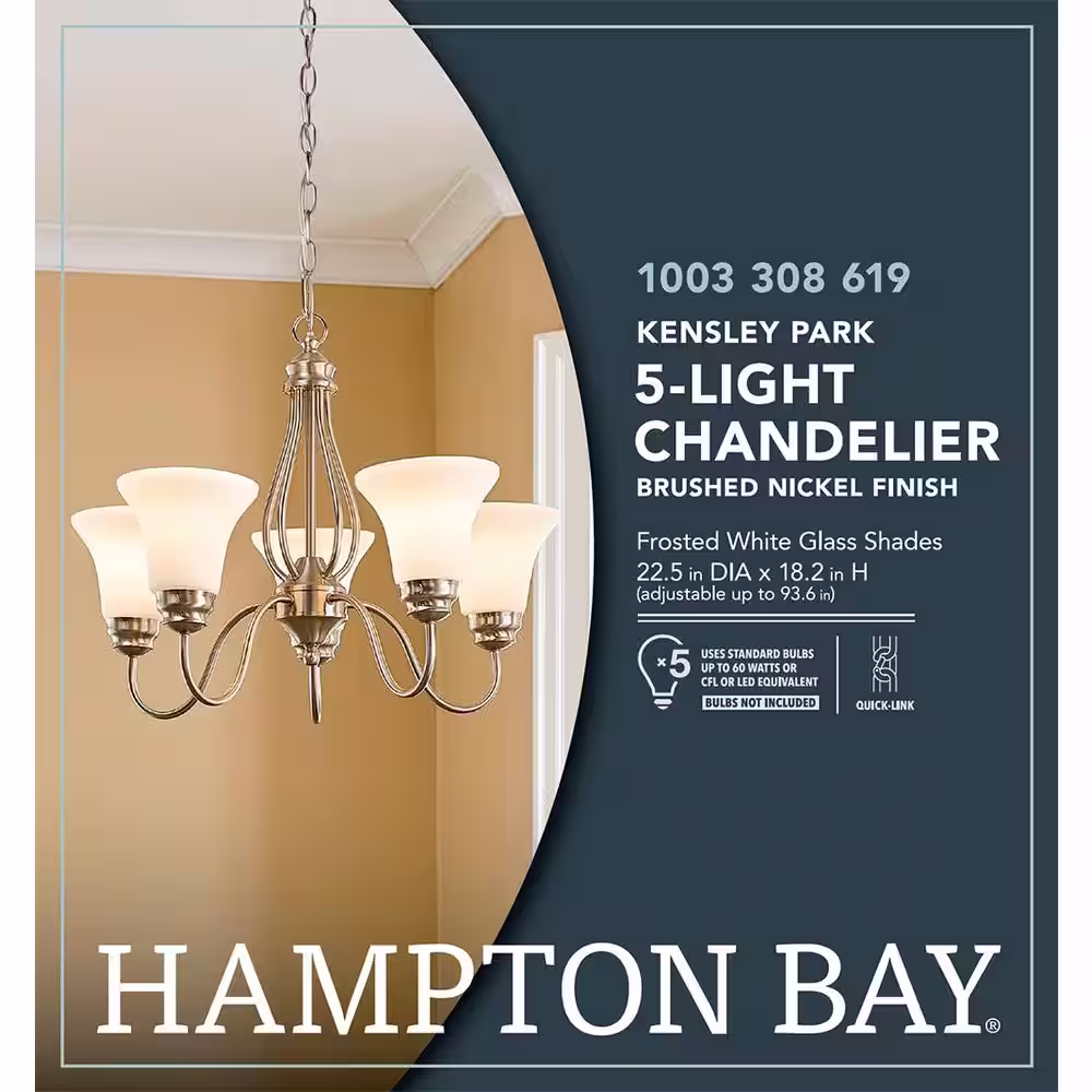 Hampton Bay Kensley Park 5-Light Classic Traditional Brushed Nickel Hanging Candlestick Chandelier with Frosted White Shade
