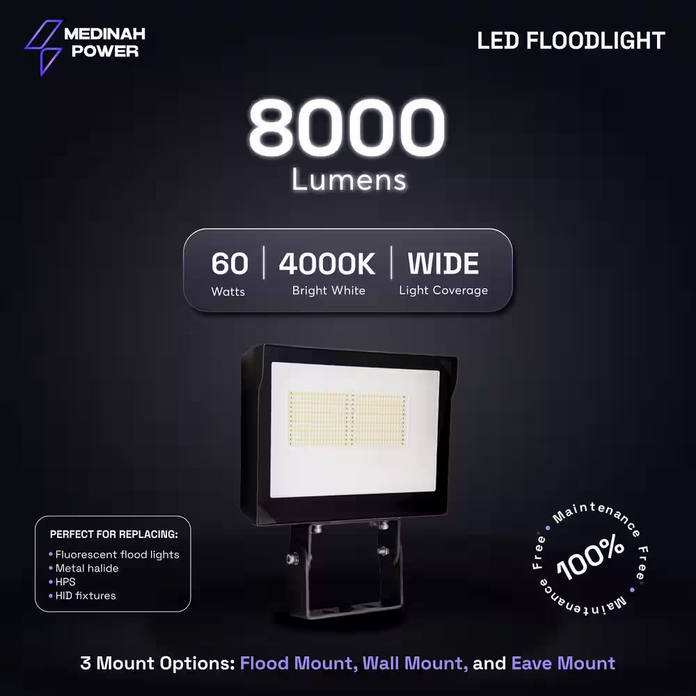 MEDINAH POWER 250-Watt Equivalent Integrated LED Outdoor Bronze Flood Light, 8000 Lumens, 4000K Bright white light, Dusk-to-Dawn