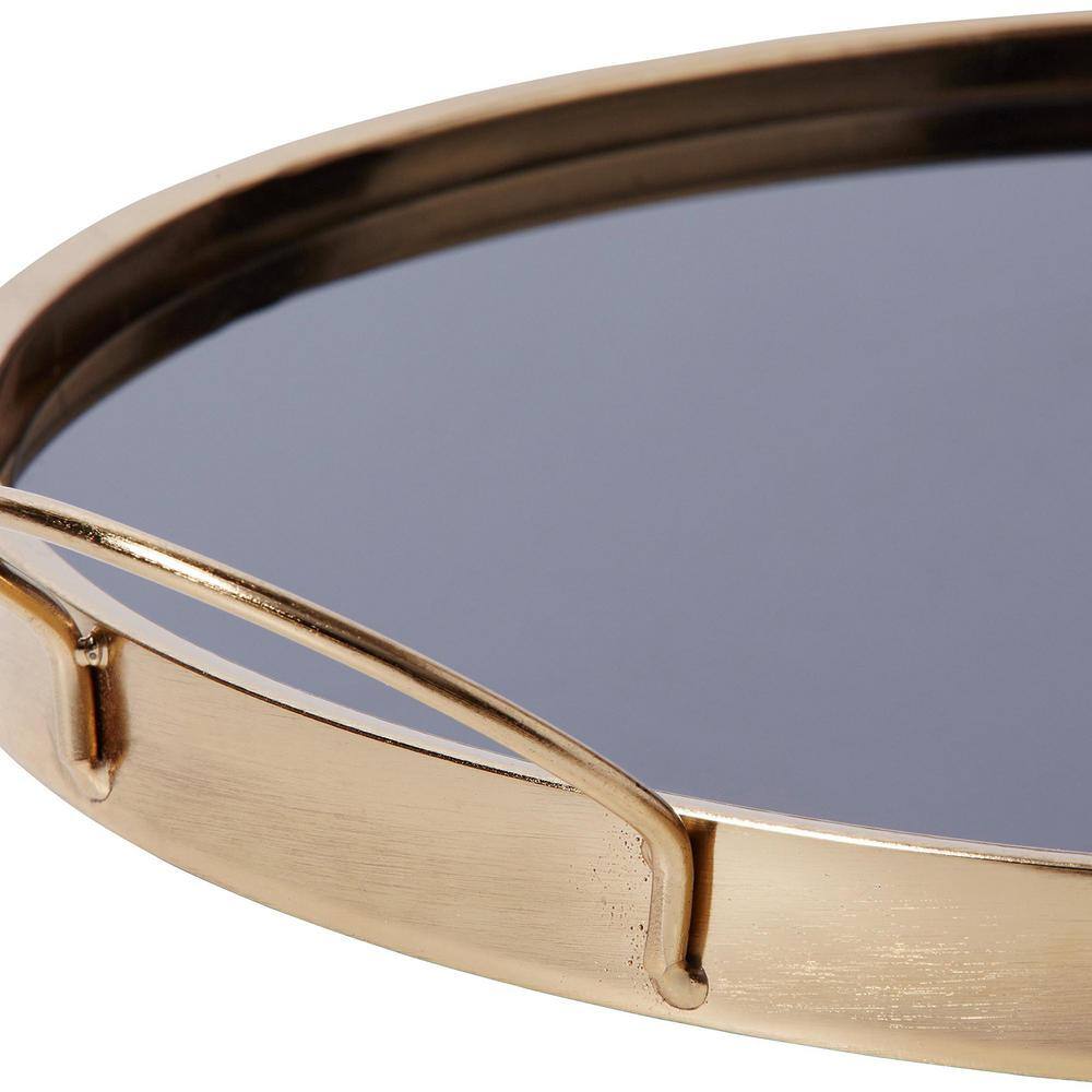None Black and Gold Round Metal Serving Tray with Handles