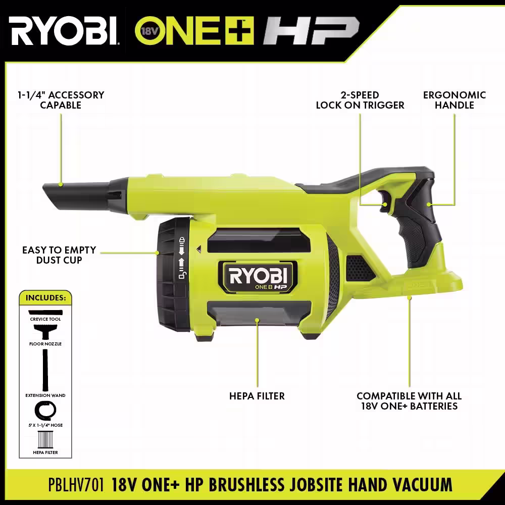 RYOBI ONE+ HP 18V Brushless Cordless Jobsite Hand Vacuum (Tool Only)