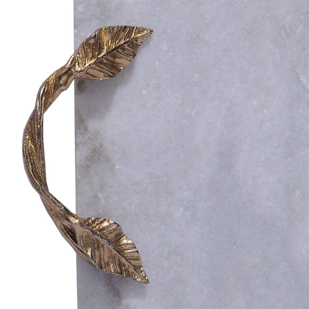 THE URBAN PORT White and Gold Decor Tray with Marble Frame and Carved Metal Handles
