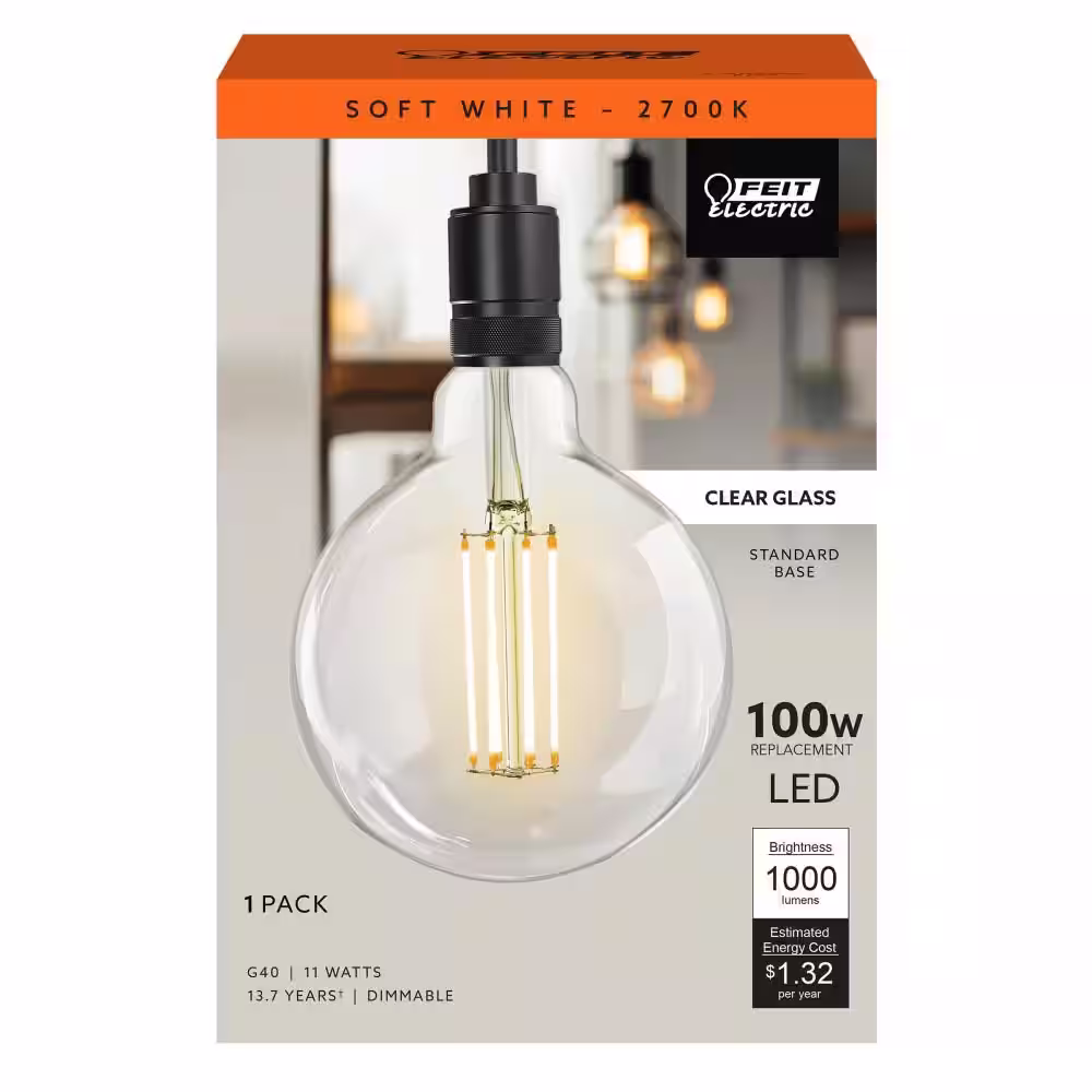 Feit Electric 100-Watt Equivalent G40 Dimmable Straight Filament Clear Glass E26 Vintage Edison LED Light Bulb Soft White