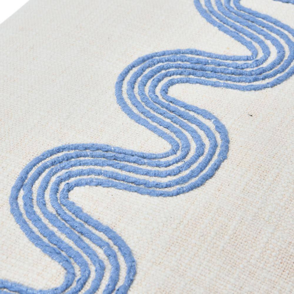 Storied Home Cream Color and Blue Cotton Lumbar Pillow with Embroidered Curved Pattern and Tassels