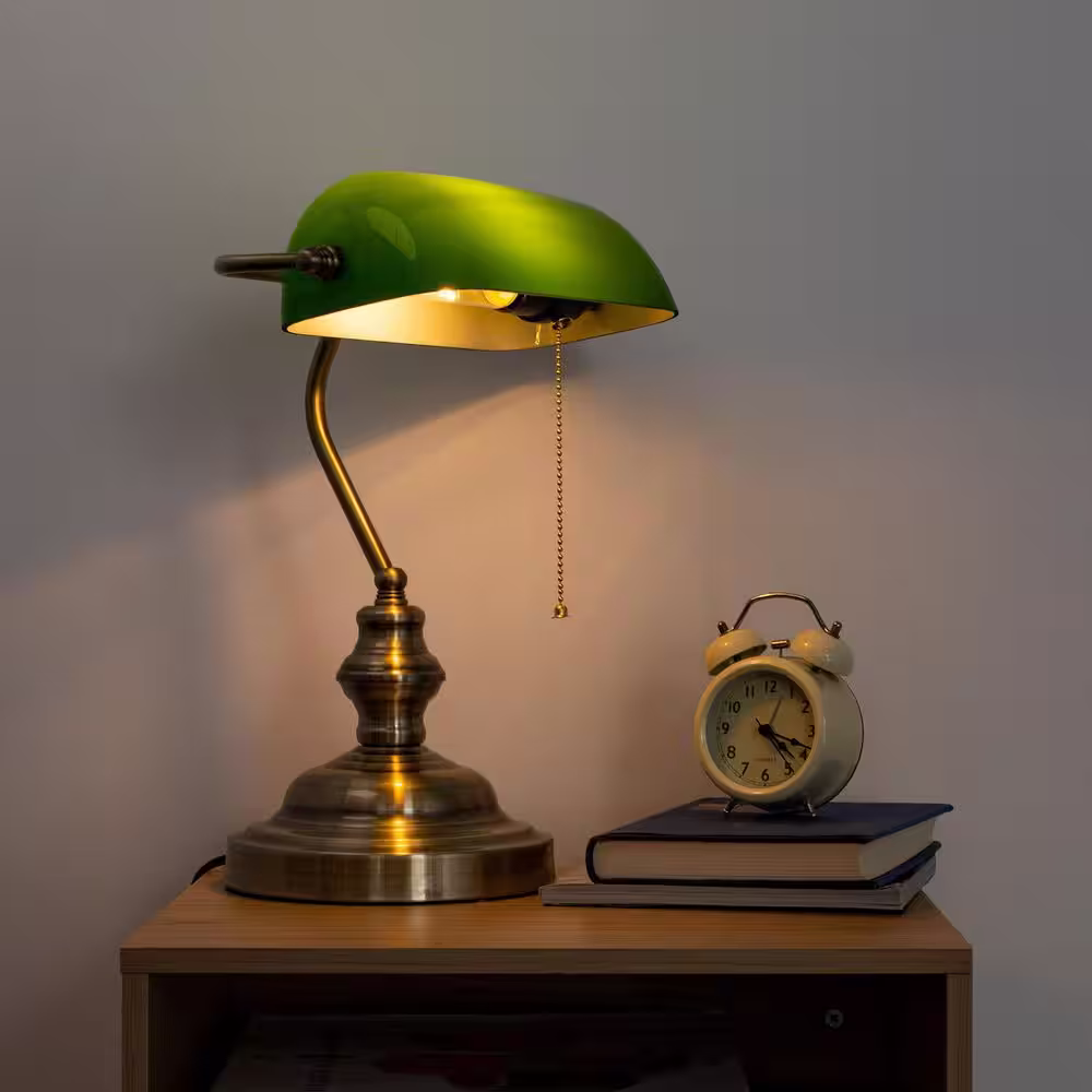 YANSUN 1-Light Traditional Bankers Desk Lamps with Classic Green Shade and Polished Brass Finish with Pull Chain Switch