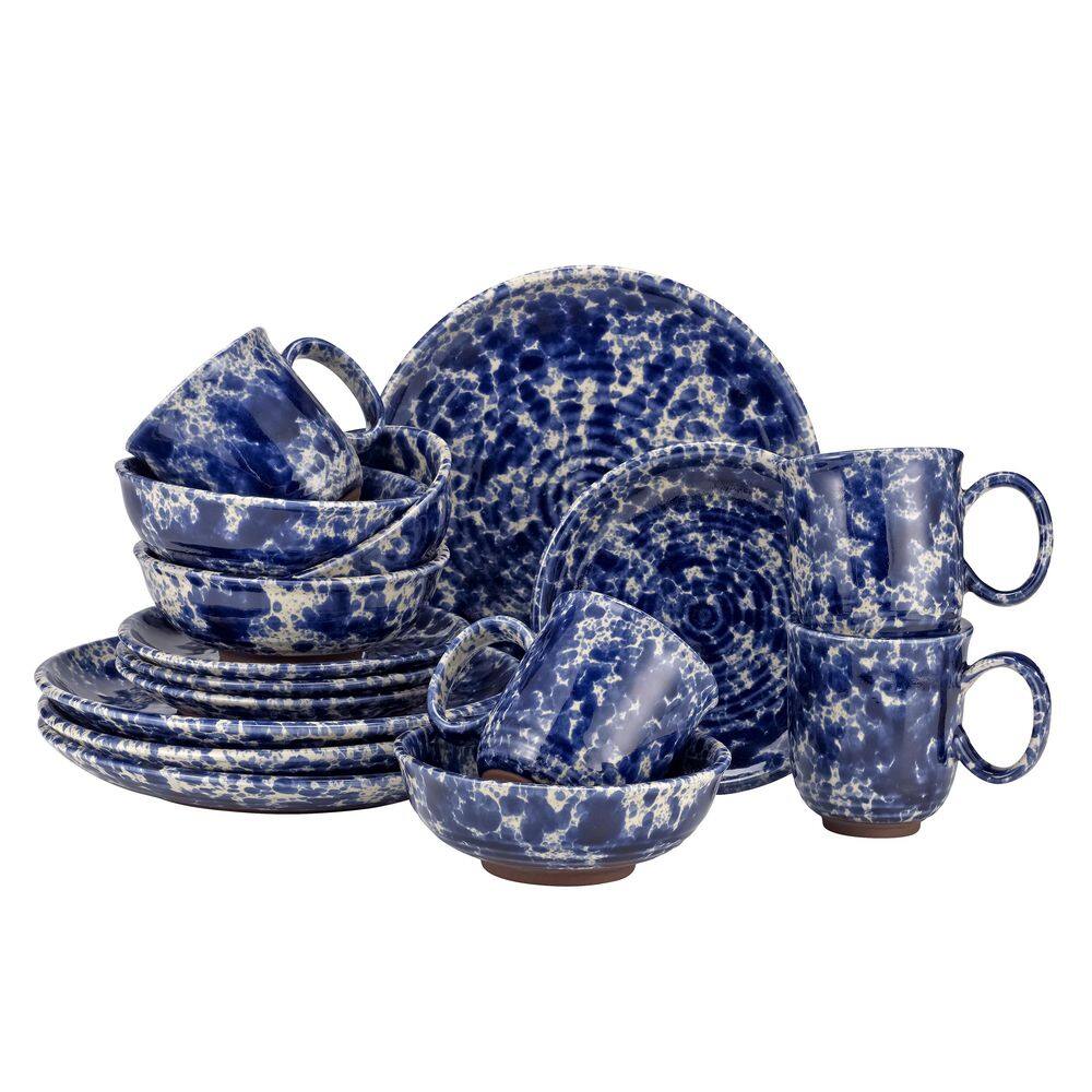 Over and Back Splatter 16-Piece Casual Blue Stoneware Dinnerware Set (Service for 4)