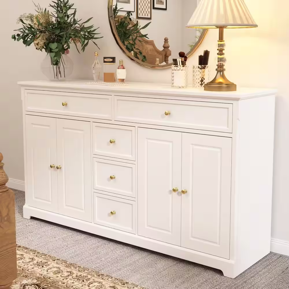 None 5 of Drawers White Wooden Dresser 59.1 in. W x 33.5 in. H x 15.7 in. D