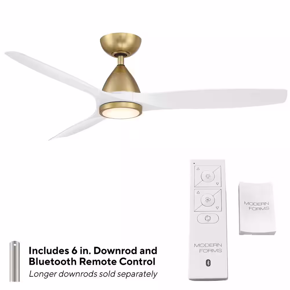 Modern Forms Skylark 54 in. Integrated LED Indoor/Outdoor 3-Blade Smart Ceiling Fan in Soft Brass Matte White with 3000K and Remote