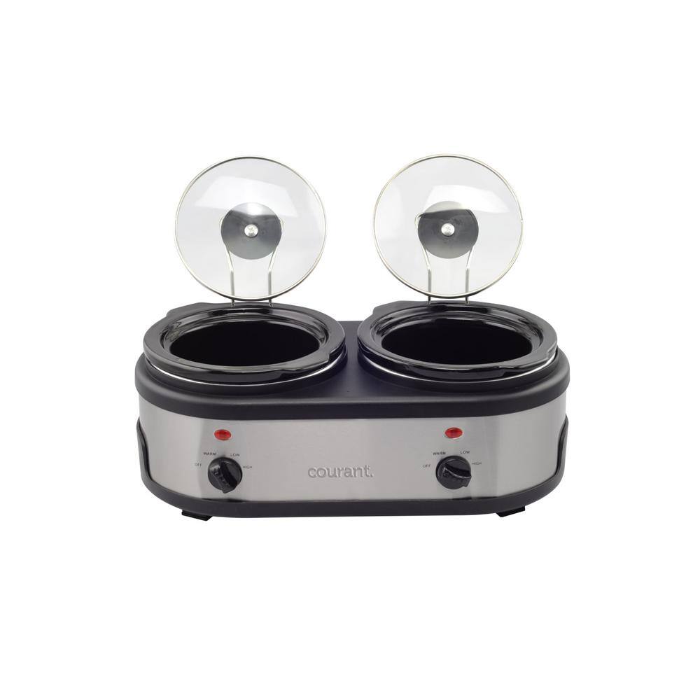 Courant 3.2-qt. Double Slow Cooker 1.6-Qt each with Warm Settings Glass Lids Stainless Steel