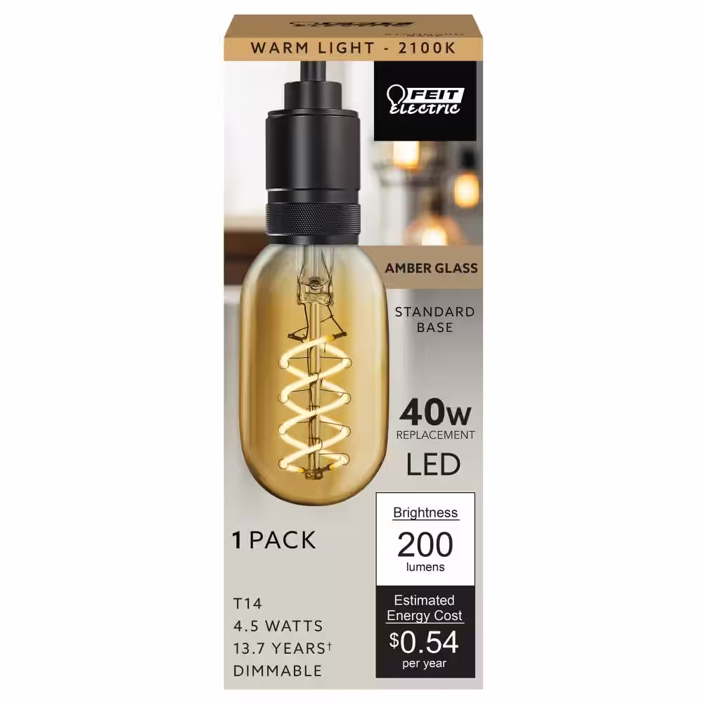 Feit Electric 40-Watt Equivalent T14 Dimmable Spiral Filament Amber Glass E26 Vintage Edison LED Light Bulb, Warm White (4-Pack)