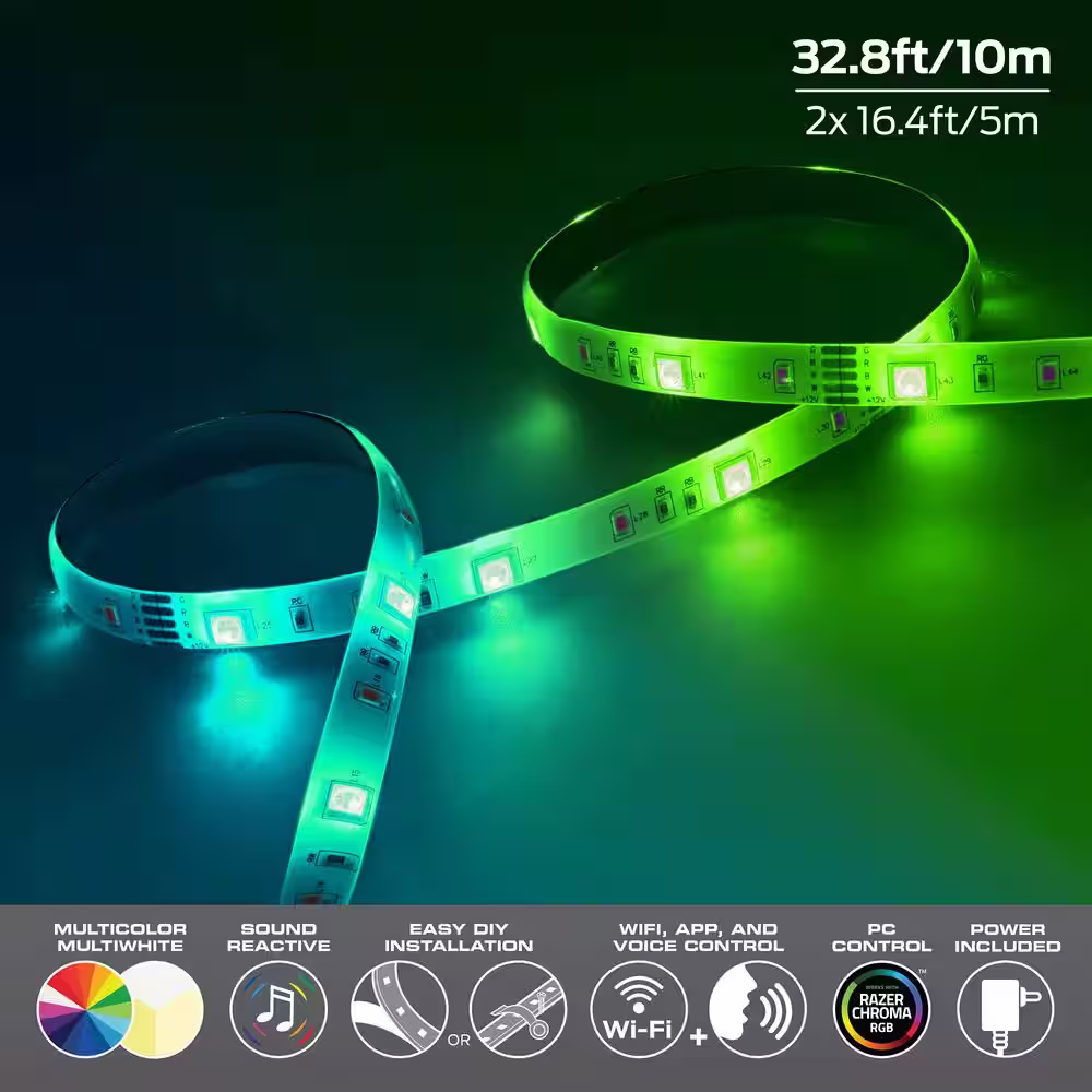 Monster 32.8ft Smart Sound Reactive Multi-Color Multi-White Livingroom LED Amplifier Light Strip, Mobile App Control