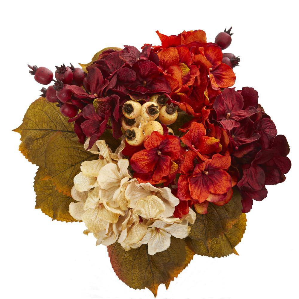 Nearly Natural Indoor 16 in. Autumn Hydrangea Berry Bouquet Artificial Flower (Set of 2)