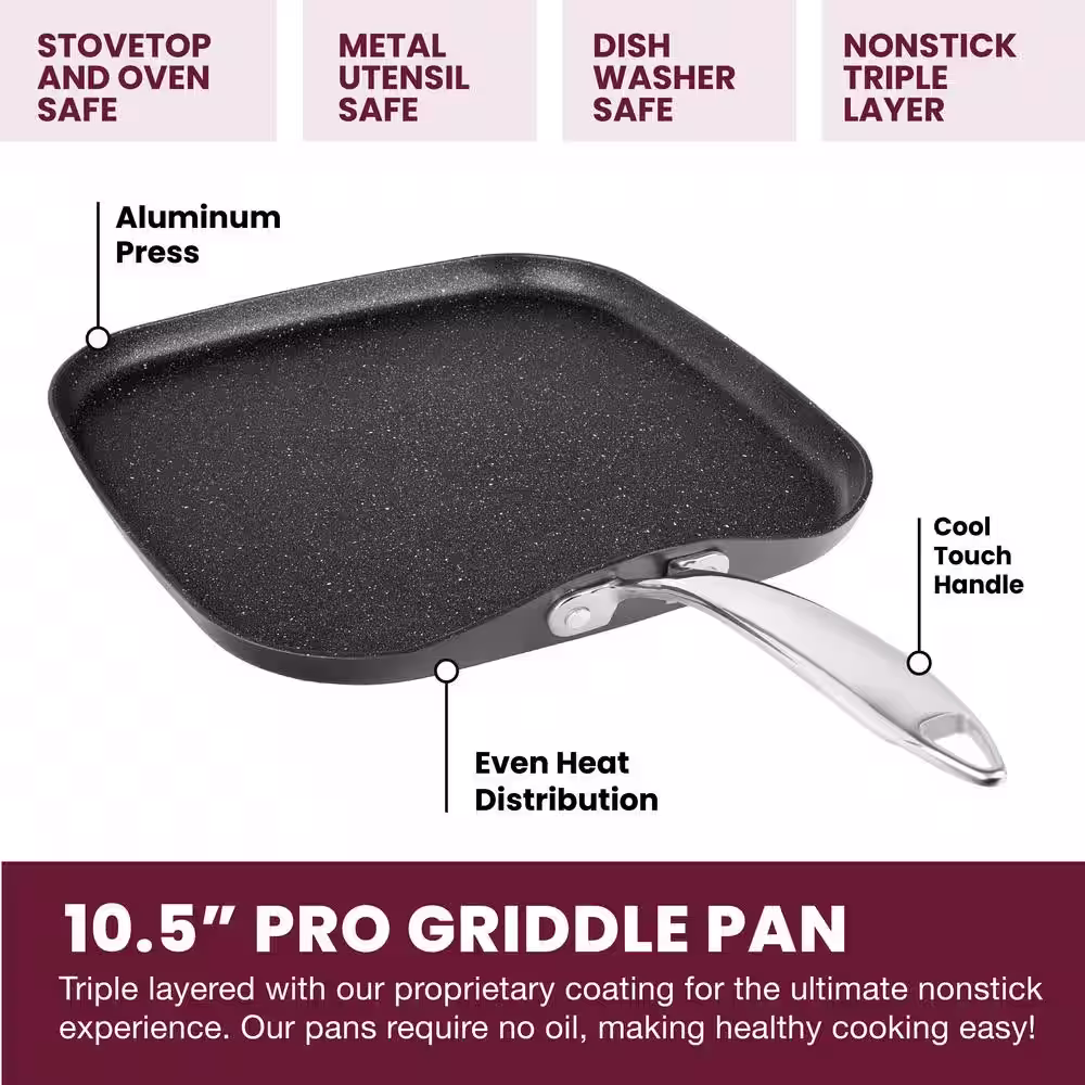 GRANITESTONE Professional 2-Piece 10.5 in. Hard-Anodized Aluminum Ultimate Nonstick Diamond Infused Grill and Griddle Pans Set