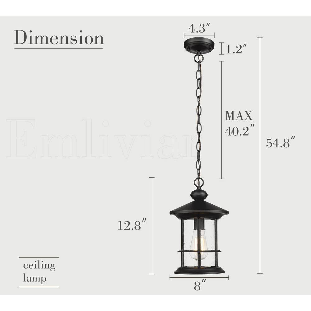 None 13 In.1-Light Black Outdoor Pendant Light Hanging Light Fixture with Seeded Glass Shade for Porch