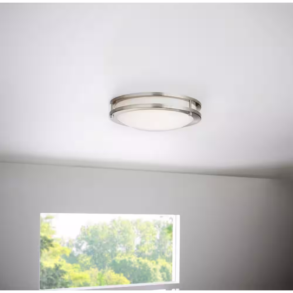Hampton Bay Flaxmere 12 in. Modern Brushed Nickel Dimmable LED Integrated Flush Mount with Frosted White Glass Shade for Kitchen