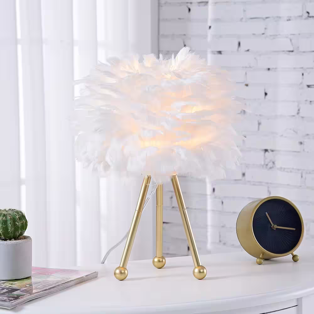 Maxax Columbus 14.5 in. Gold Tripod Table Lamp with White Feather
