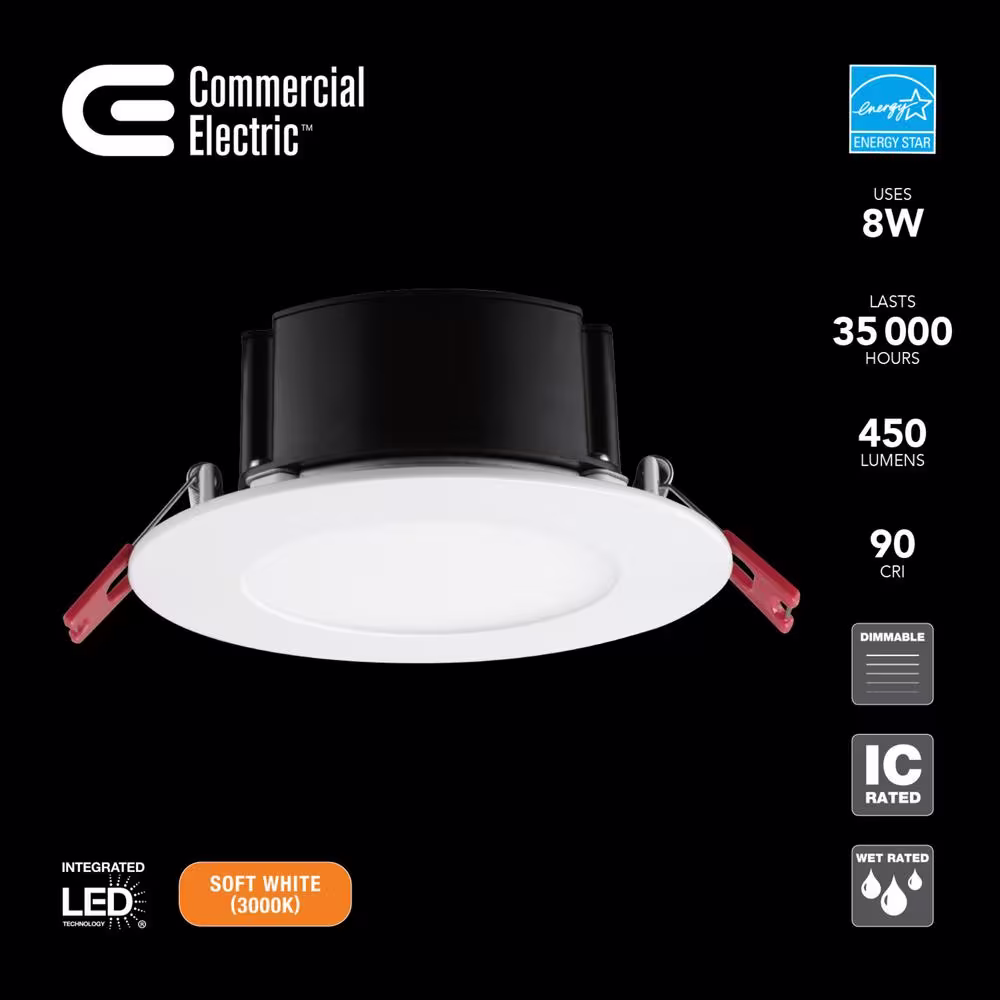 Commercial Electric 4 in. White Flush Round Wet Rated LED Integrated Recessed Lighting Kit