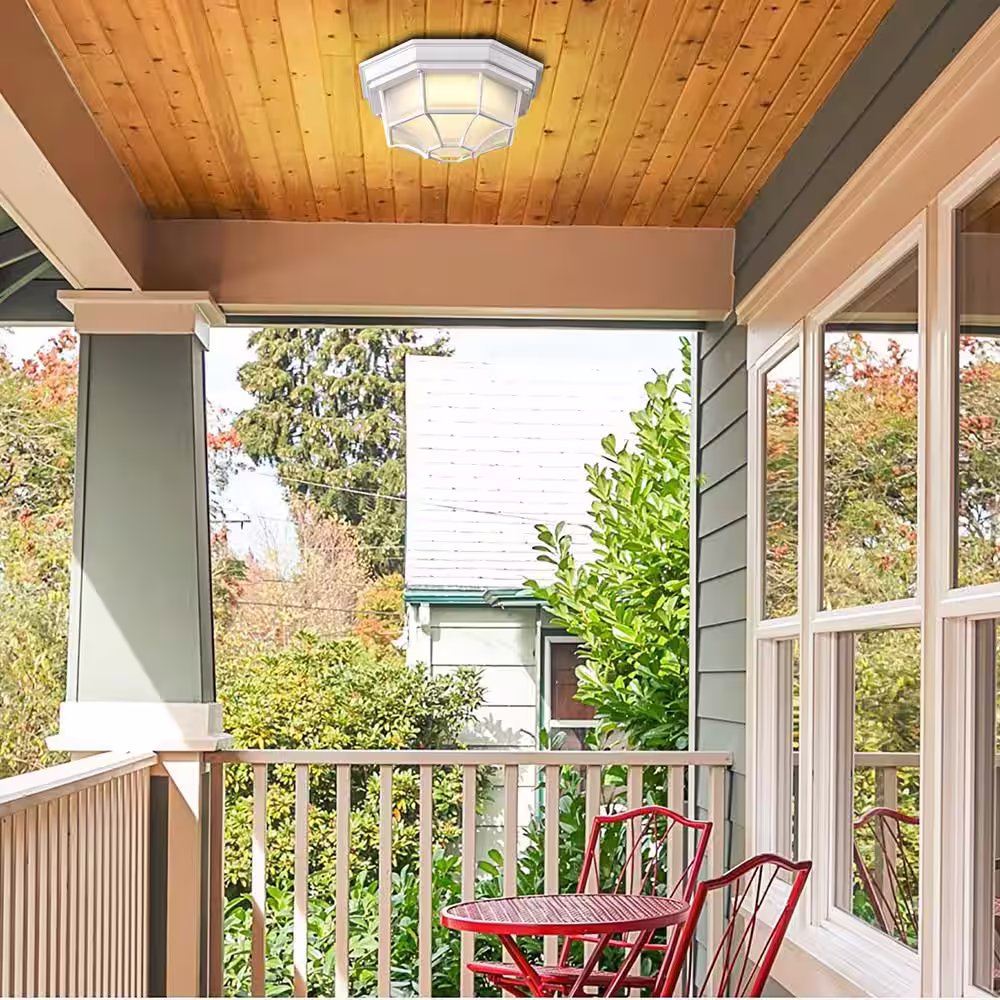 Hukoro 11.42 in. 1-Light Retro Textured White Ceiling Mount Light Fixture with Frosted Glass, E26