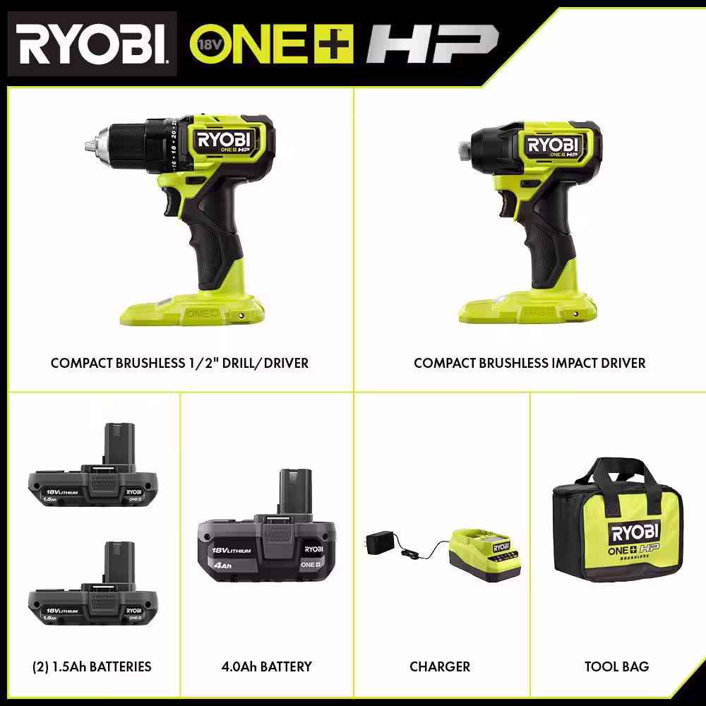RYOBI ONE+ HP 18V Brushless Cordless Compact Drill & Impact Driver Kit w/4.0 Ah Battery, (2) 1.5 Ah Batteries, Charger & Bag