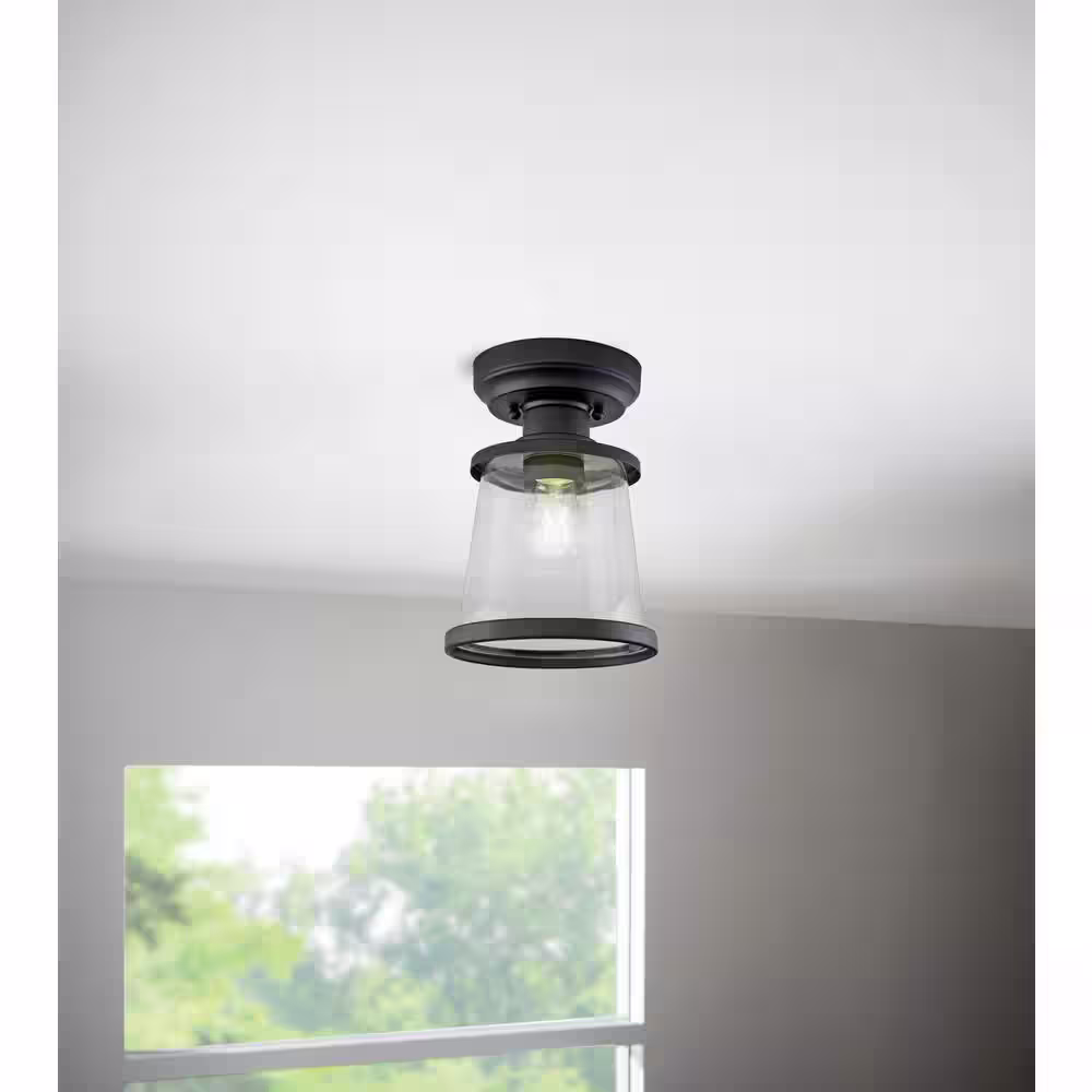 Hampton Bay Rigby 9.6 in. 1-Light Matte Black Round Flush Mount, Farmhouse Ceiling Light