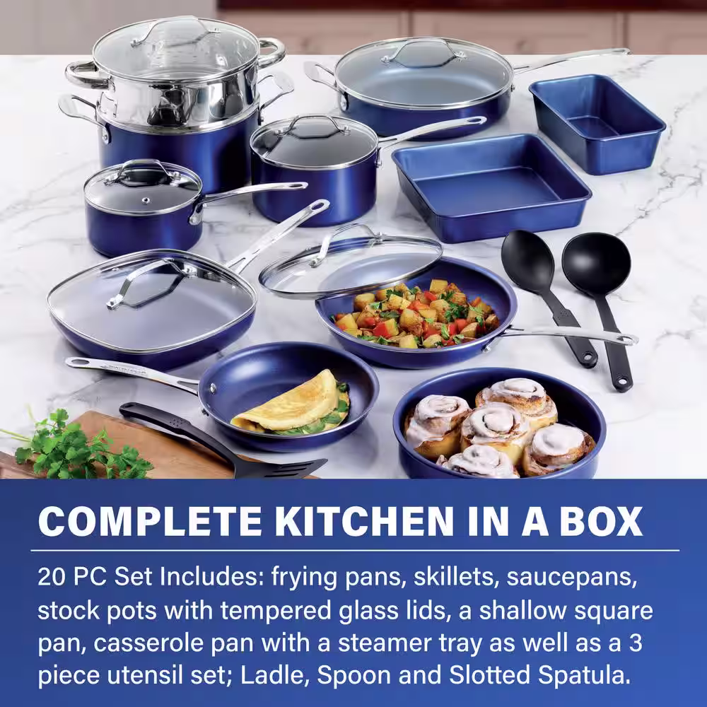 GRANITESTONE 20-Piece Blue Aluminum Ultra-Durable Diamond Infused Coating Nonstick Express Cookware and Bakeware Set