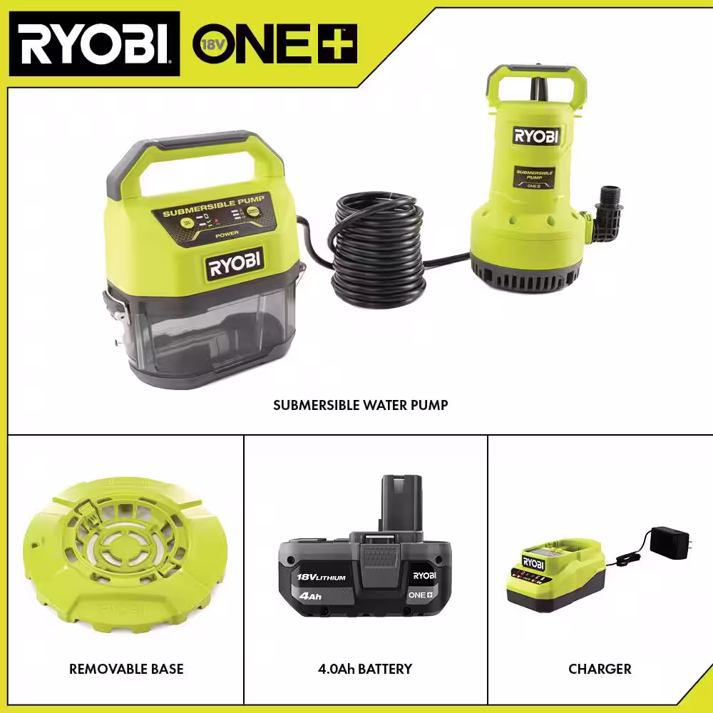 RYOBI ONE+ 18V 1/6 hp. Submersible Pump with 4Ah Battery and Charger