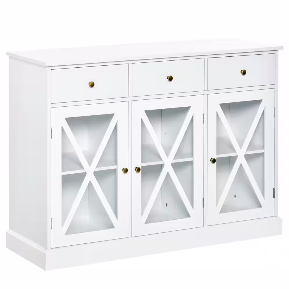 HOMCOM White Farmhouse Style Kitchen Sideboard Serving Buffet Storage Cabinet Cupboard with Glass Doors and 3-Drawers