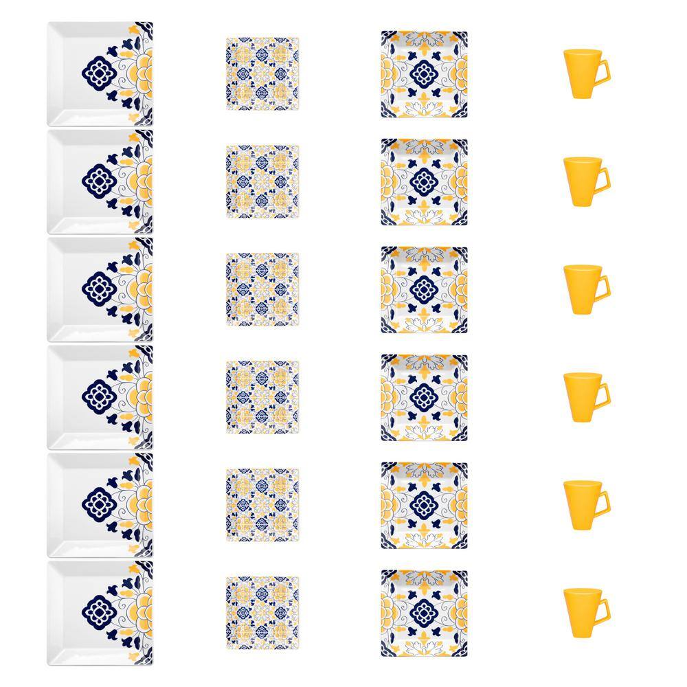 Manhattan Comfort Quartier Blue and Yellow 24-Piece Casual Blue and Yellow Porcelain Dinnerware Set (Service for 6)