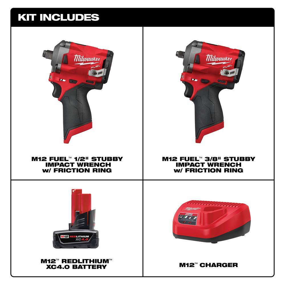 Milwaukee M12 FUEL 12-Volt Lithium-Ion Brushless Cordless Stubby 1/2 in. and 3/8 in. Impact Wrenches with Battery and Charger