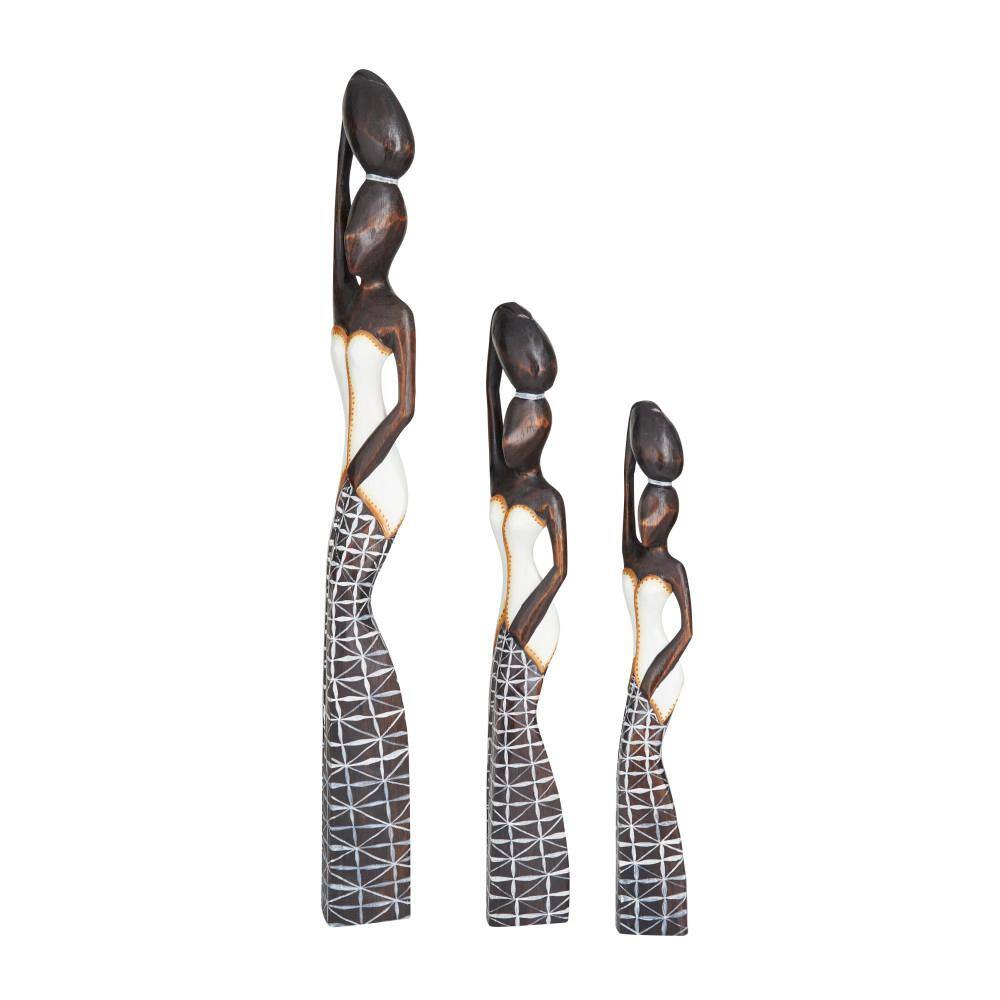 Litton Lane Brown Wood Standing African Woman Sculpture with Baskets on Their Heads (Set of 3)