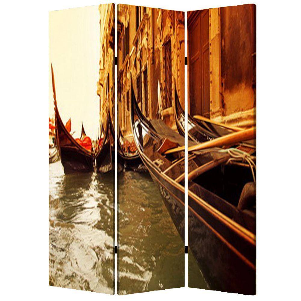 Benjara Brown 3-Panels Venice Street Printed Foldable Screen