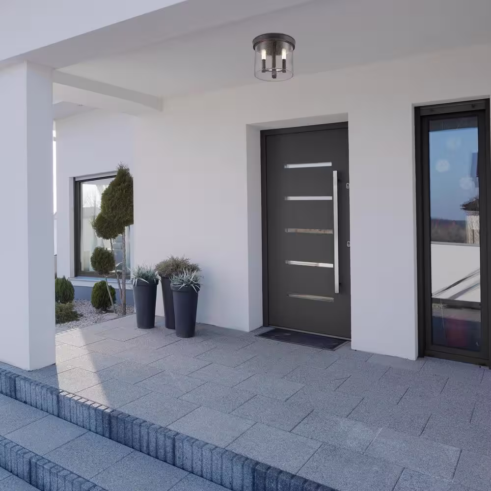 Designers Fountain Otto 10 in. 3-Light Matte Black Modern Outdoor Flush Mount Light with Clear Seedy Glass Shade