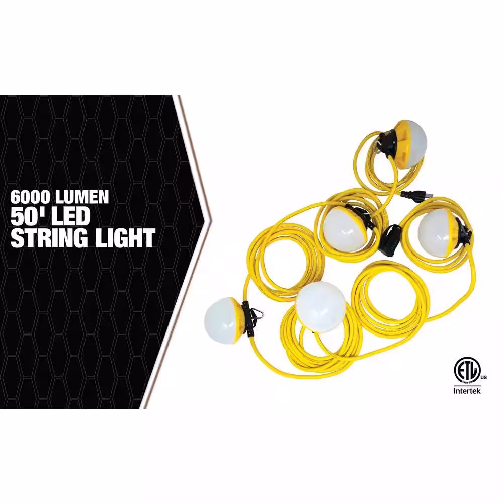 Southwire 50 ft. 6000 Lumens LED String Light Yellow 18/3 SJTW Power Supply Cord