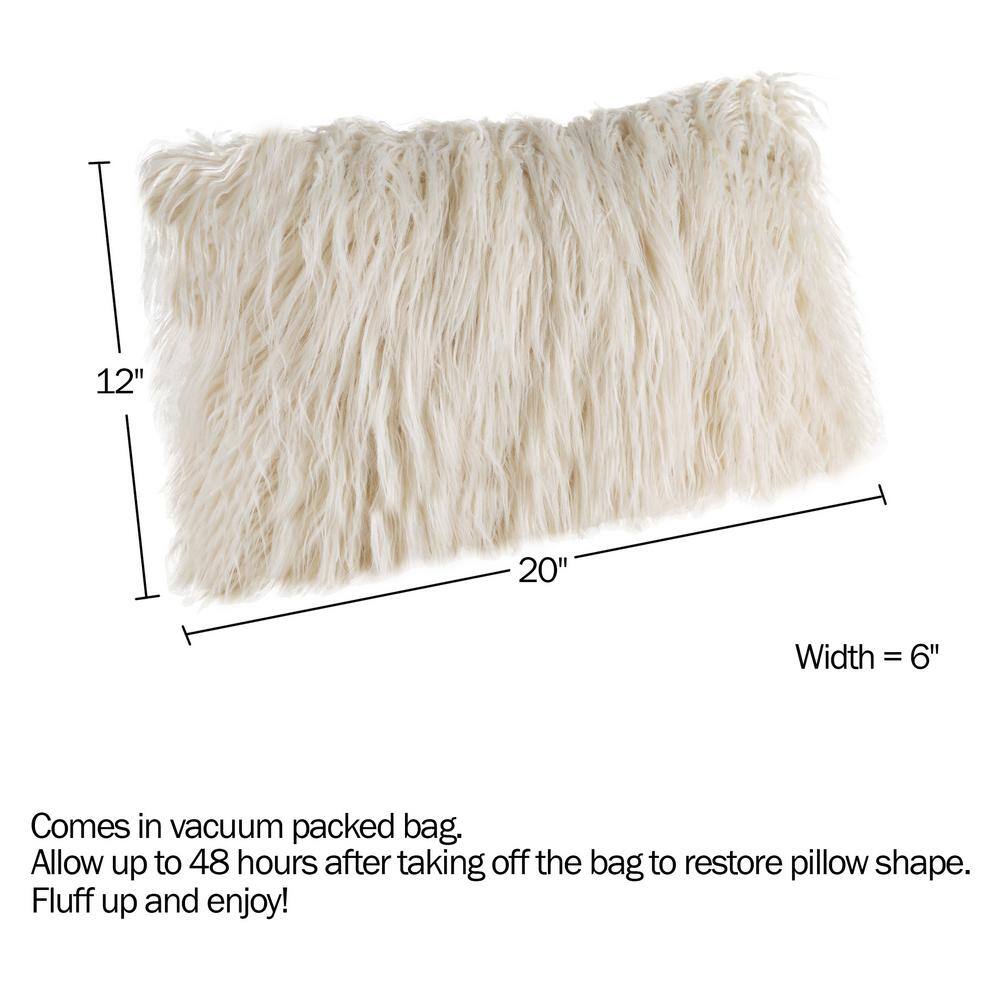None Ivory 12 in. W x 20 in. L Faux Mongolian Fur Decorative Lumbar Throw Pillow