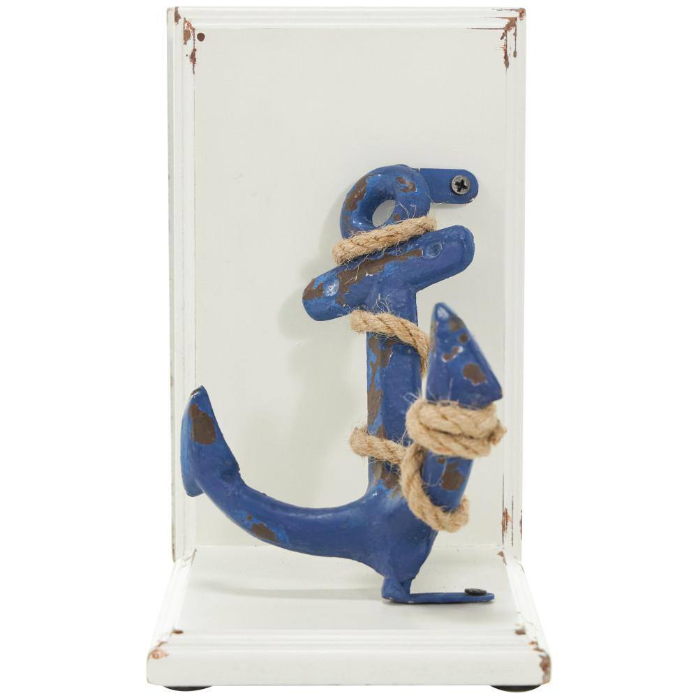Litton Lane Blue Metal Distressed Anchor Bookends with Rope Accents and White Wood Stands (Set of 2)