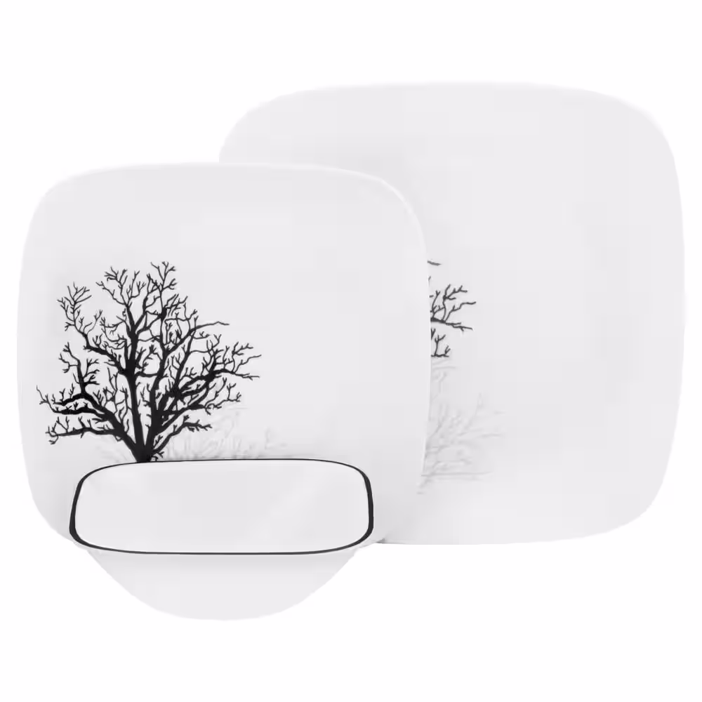 Corelle Square 16-Piece Seasonal Black Trees Glass Dinnerware Set (Service for 4)