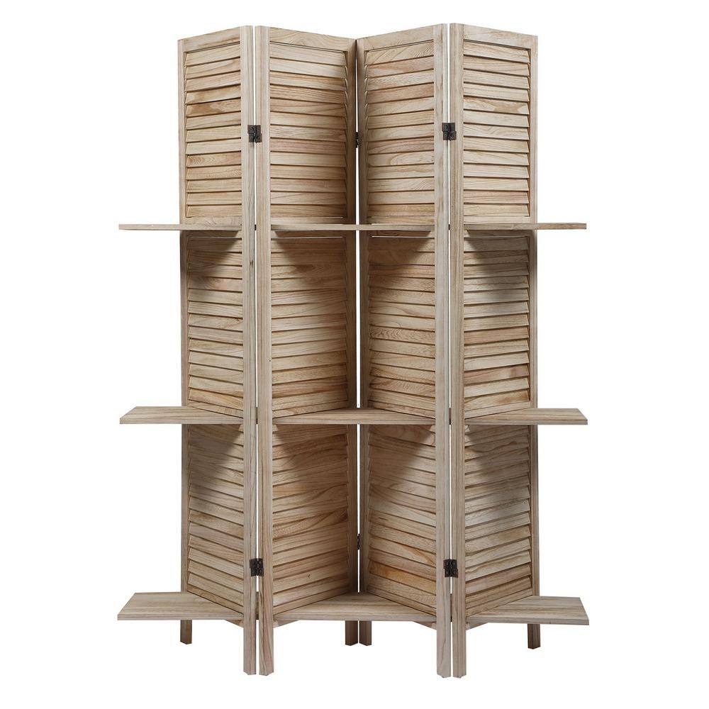 Kahomvis 5.6 ft. Tall Light Burn 4-Panel Sycamore Wood Screen Folding Louvered Room Divider with Shelves